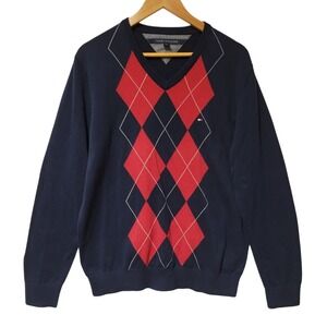 Tommy Hilfiger Argyle Sweater Mens Preppy Academia VNeck Red & Blue Retro Size L